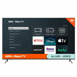 Refurbished 75” Onn. 4K UHD LED Roku Smart TV with Stand and Remote